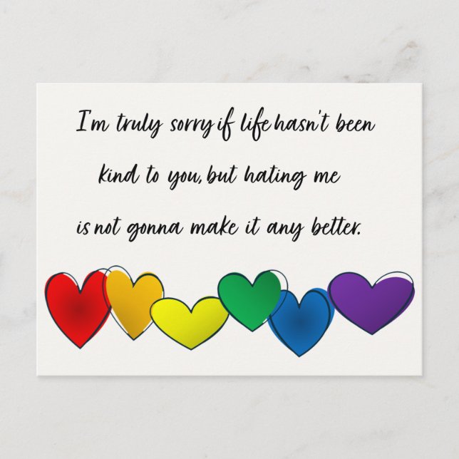 Message against hate with rainbow hearts postcard (Front)