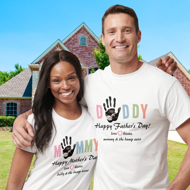Message from the Bump Ultrasound 1st Father's Day T-Shirt (Message from the Bump Ultrasound 1st Father's Day Baby Palmprint Colorful pastel Colors)