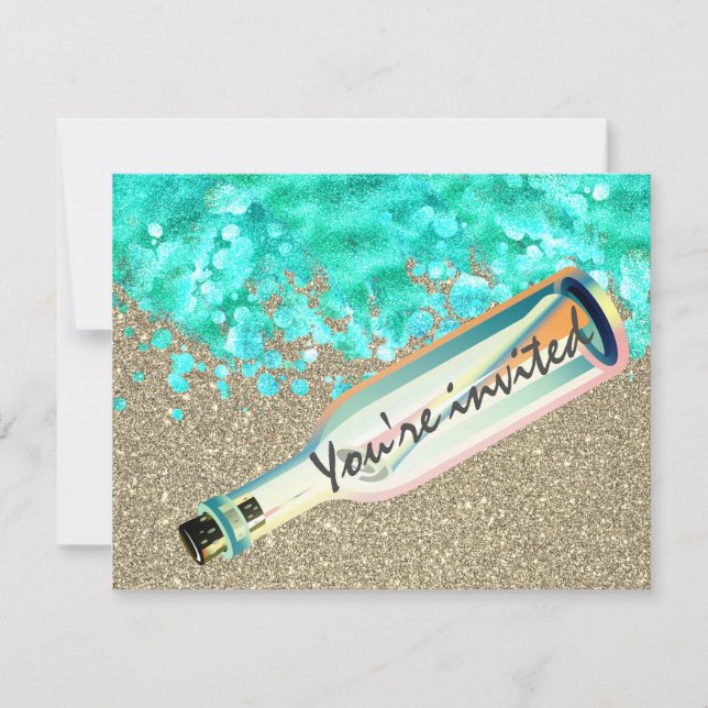 Message in a bottle beach sand ocean waves summer invitation (Front)