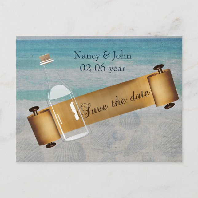 Message in a bottle Beach Wedding Announcement Postcard (Front)