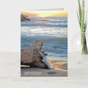 message in a bottle on driftwood birthday card