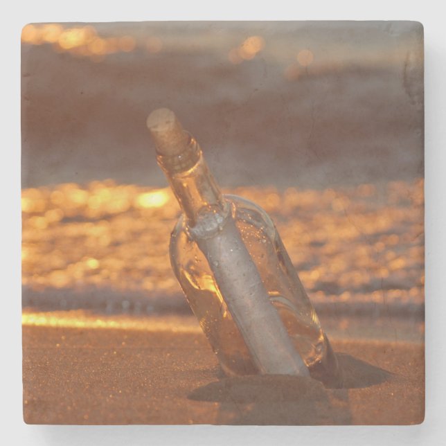 message in bottle on sunset beach stone coaster (Front)