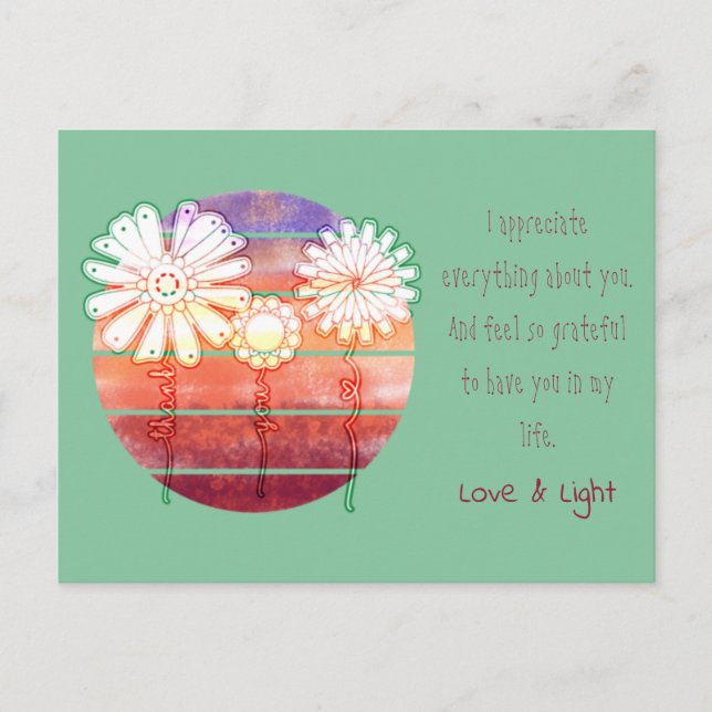 Message Merci avec fleurs et carte postale coucher (Devant)
