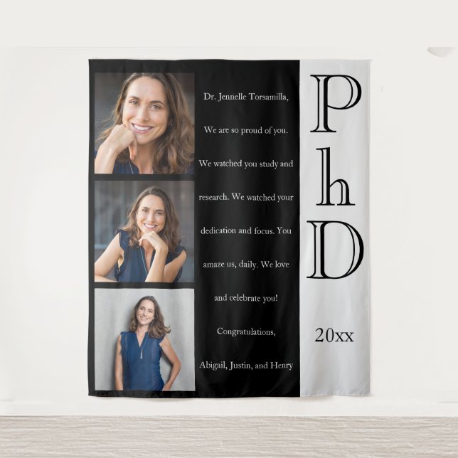 Message Photo Black PhD Graduation Tapestry (Front)