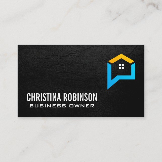 Message Talk Home Logo | Black Leather Business Card (Front)