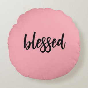 Message Template Light Pink & Black Buffalo Plaid Round Pillow
