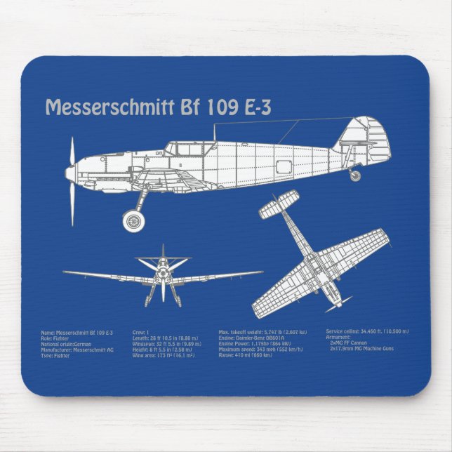 Messerschmitt Bf 109 - Airplane Blueprint ABD Mouse Pad (Front)