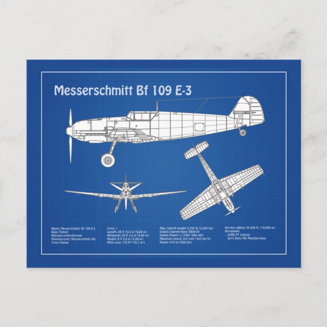 Messerschmitt Bf 109 - Airplane Blueprint ABD Postcard (Front)