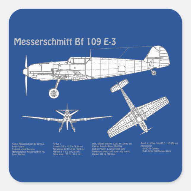 Messerschmitt Bf 109 - Airplane Blueprint ABD Square Sticker (Front)
