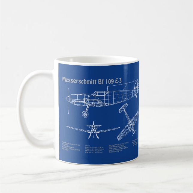 Messerschmitt Bf 109 - Airplane Blueprint AD Coffee Mug (Left)