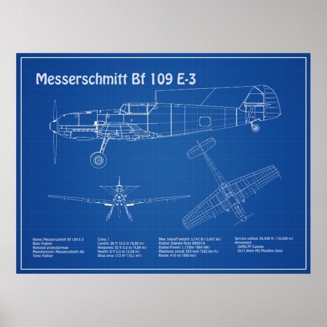 Messerschmitt Bf 109 - Airplane Blueprint AD Poster (Front)