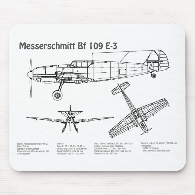 Messerschmitt Bf 109 - Airplane Blueprint BD Mouse Pad (Front)