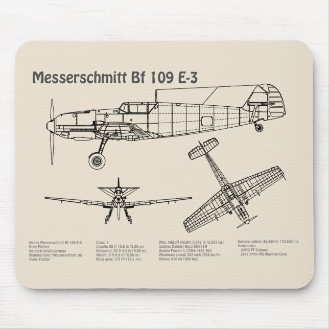 Messerschmitt Bf 109 - Airplane Blueprint SD Mouse Pad (Front)