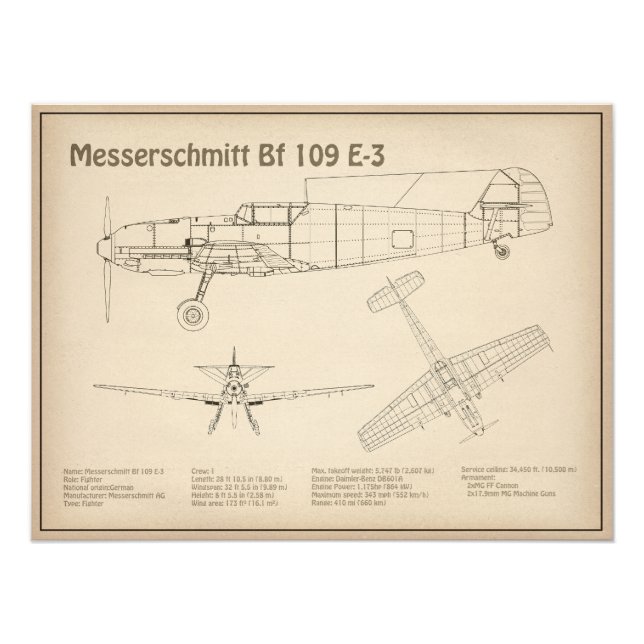 Messerschmitt Bf 109 - Airplane Blueprint SD Photo Print (Front)