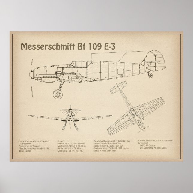 Messerschmitt Bf 109 - Airplane Blueprint SD Poster (Front)