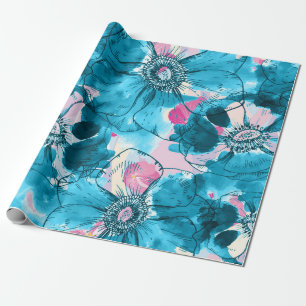 Messy blue and pink flowers collage pattern wrapping paper