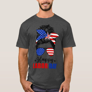 Messy Bun American Flag Labour Day Men Woman USA V T-Shirt