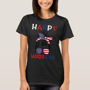 Messy Bun American Flag Labour Day Men Woman Usa V T-Shirt