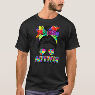 Messy Bun Bandana Grammie Supportive Women Autism  T-Shirt