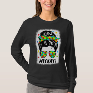 Messy Bun Bandana Mom Supportive Women Autism Awar T-Shirt