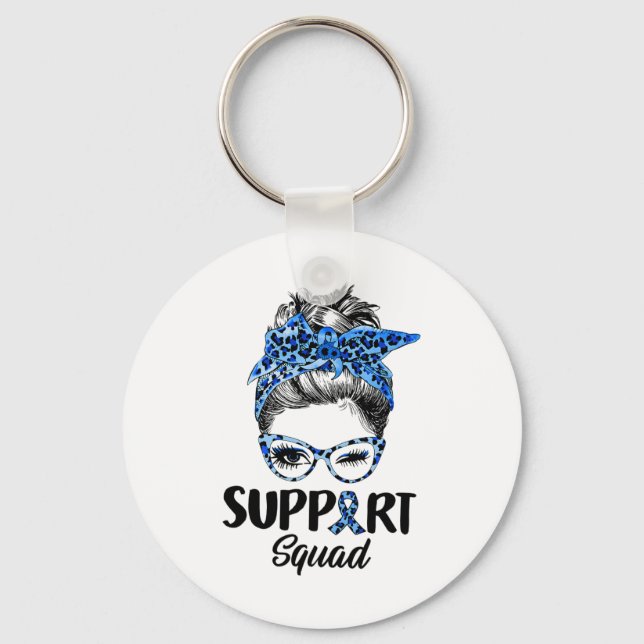 Messy Bun Blue Leopard Support Squad Diabetes Awar Keychain (Front)