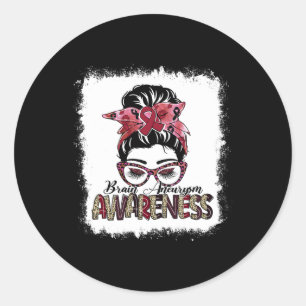 Messy Bun Burgundy Ribbon Brain Aneurysm Awareness Classic Round Sticker