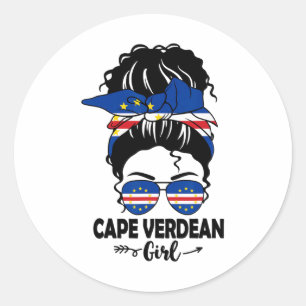 Messy Bun Cape Verdean Girl And Cape Verde Flag Gl Classic Round Sticker