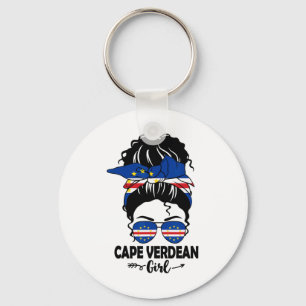 Messy Bun Cape Verdean Girl And Cape Verde Flag Gl Keychain