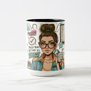 Messy Bun, Getting Stuff Done – Boss Babe Cartoon Two-Tone Coffee Mug