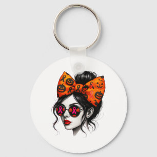 Messy Bun Girl Pumpkin Scary Halloween Breast Canc Keychain