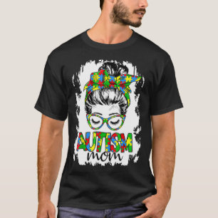 Messy Bun Girl Puzzle Piece Heart Autism Mom Aware T-Shirt