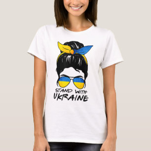 Messy Bun Girl Ukraine I Stand' With Ukraine Flag  T-Shirt