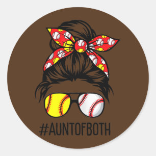 Messy Bun Hair Aunt Of Both Softball & Baseball Classic Round Sticker
