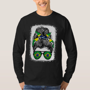Messy Bun Hair Brazil Flag Glasses Brazilian Girls T-Shirt