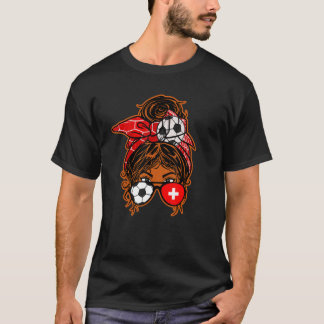 Messy Bun Hair Brown Skin Soccer Girl Switzerland  T-Shirt