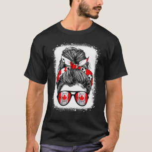 Messy Bun Hair Canada Flag Glasses Canadian Girls T-Shirt