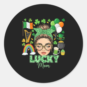 Messy bun hair lucky mom shamrocks st patrick's da classic round sticker