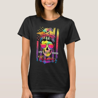 Messy Bun Hair Mom One Badass Mama American Flag V T-Shirt