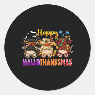 Messy Bun Halloween To Christmas Women Happy Hallo Classic Round Sticker