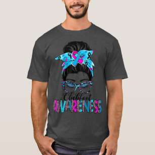 Messy Bun Leopard Blue & Pink Ribbon Clubfoot Awar T-Shirt