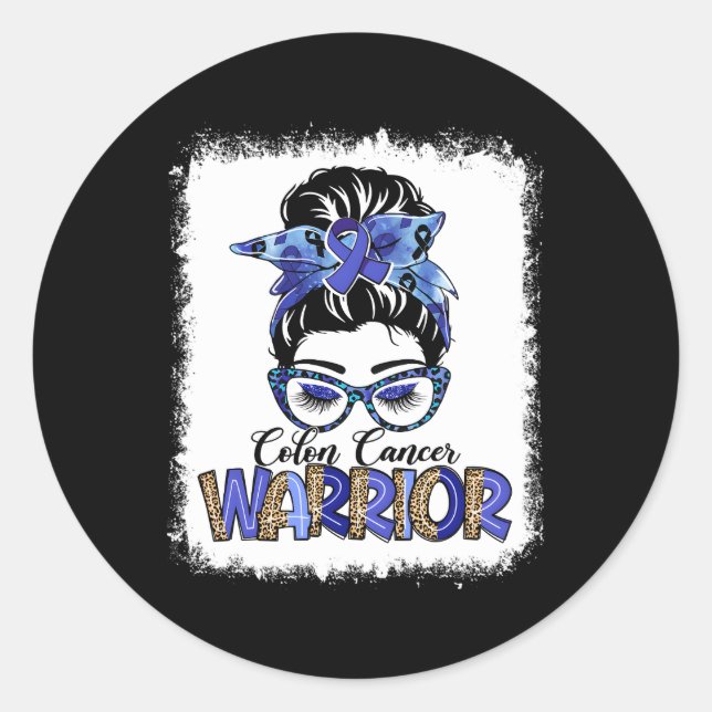 Messy Bun Leopard Blue Ribbon Colon Cancer Warrior Classic Round Sticker (Front)
