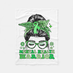 Messy Bun Leopard Green Ribbon Mental Health Warri Fleece Blanket