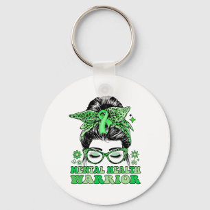 Messy Bun Leopard Green Ribbon Mental Health Warri Keychain