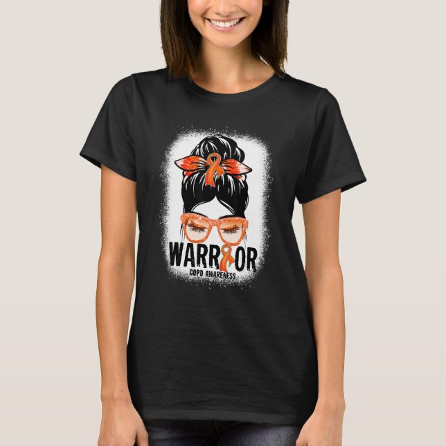 Messy Bun Leopard Orange Ribbon Copd Warrior T-Shirt (Front)