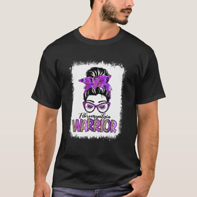 Messy Bun Leopard Purple Ribbon Fibromyalgia Warri T-Shirt (Front)