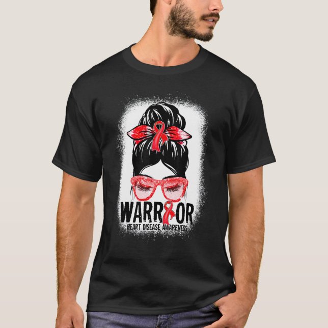 Messy Bun Leopard Red Ribbon Heart Disease Warrior T-Shirt (Front)