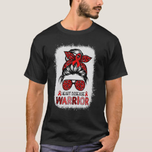 Messy Bun Leopard Warrior Red Heart Disease Awaren T-Shirt