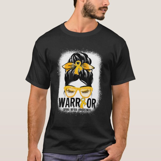 Messy Bun Leopard Yellow Ribbon Spina Bifida Warri T-Shirt (Front)