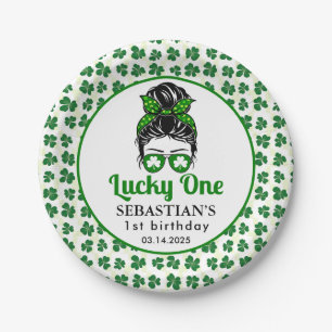  Messy Bun Lucky One 1st Birthday Girl  Paper Plate