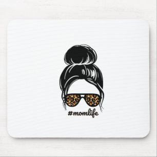 Messy Bun Mom Life with Leopard Sunglasses-Mom Mouse Pad